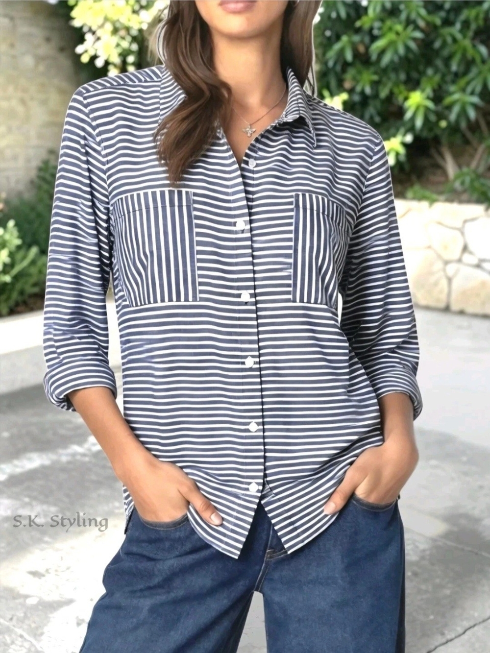 Faded Glory Long Sleeve Button-up Shirt Blue Stripe Pockets Cotton Women's XL